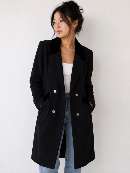 Cathy jo Jackets & Blazers - Cathy Jo Vintage Black Wool Coat Velvet Collar Double Breasted Longline USA M